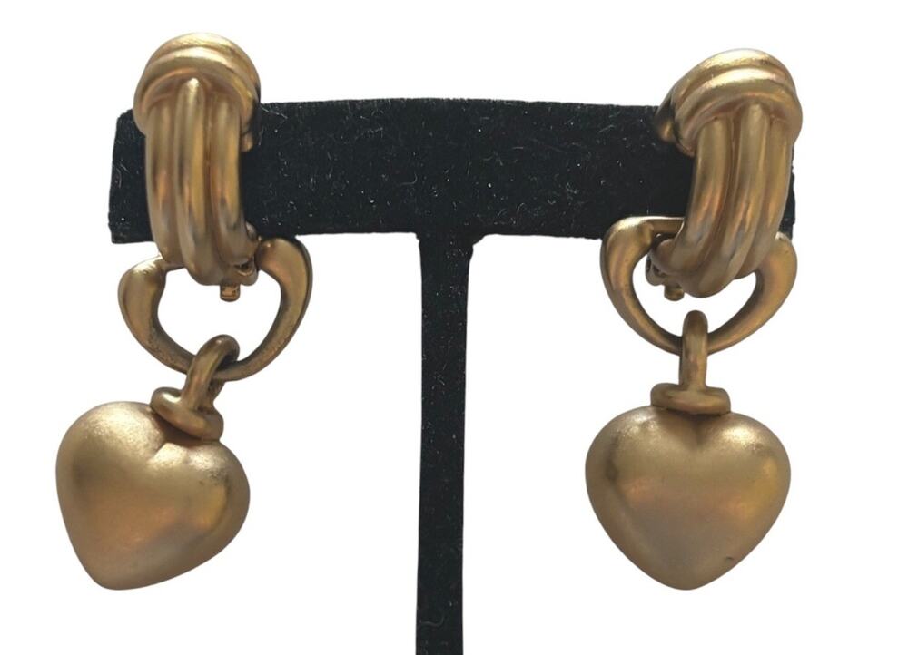 Erwin Pearl Clip On Earrings Two Tone Heart vintage dangle brushed gold signed